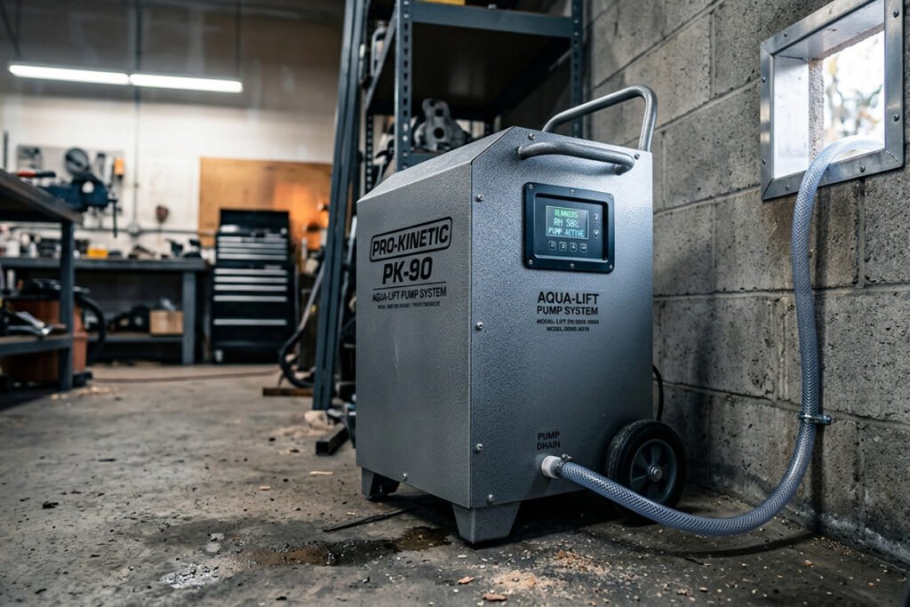 ALORAIR commercial dehumidifier with metal casing in a workshop-style garage, pump hose visible