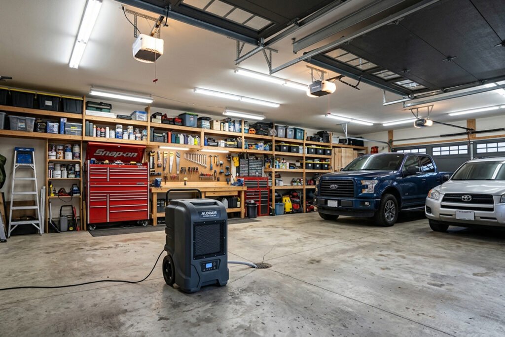 Waykar 80-pint dehumidifier in a spacious two-car garage with visible tools/storage