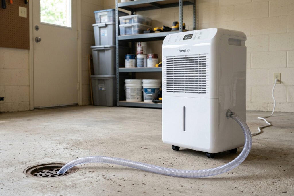 hOmeLabs dehumidifier running in a garage corner, drain hose visible