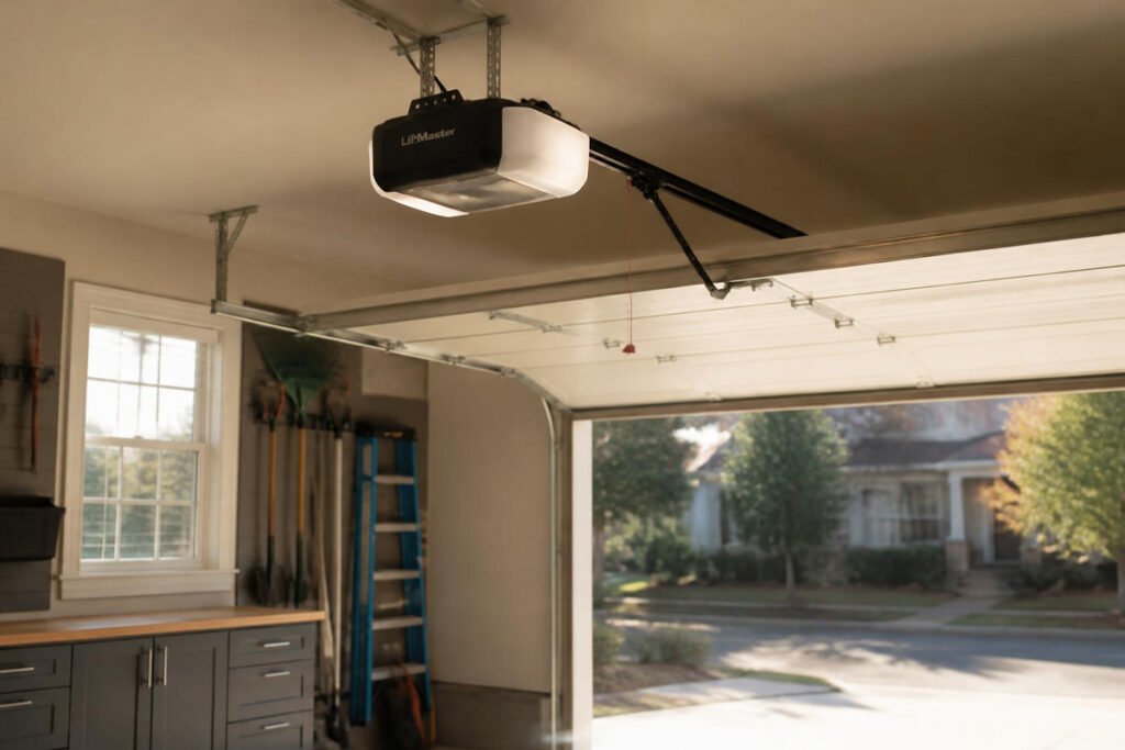 smoothly operating garage door with new opener installed on ceiling