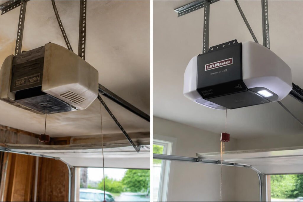 old noisy garage door opener replaced with new quiet belt drive opener