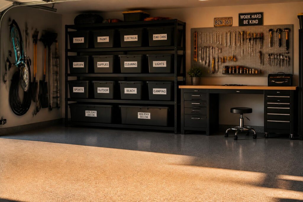 fully organized garage with shelving bins and pegboard wall storage