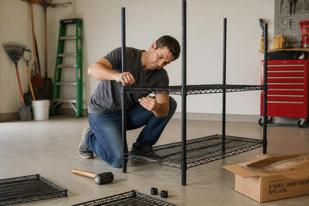 wire shelving stackable bins and wall pegboard system grouped in organized garage