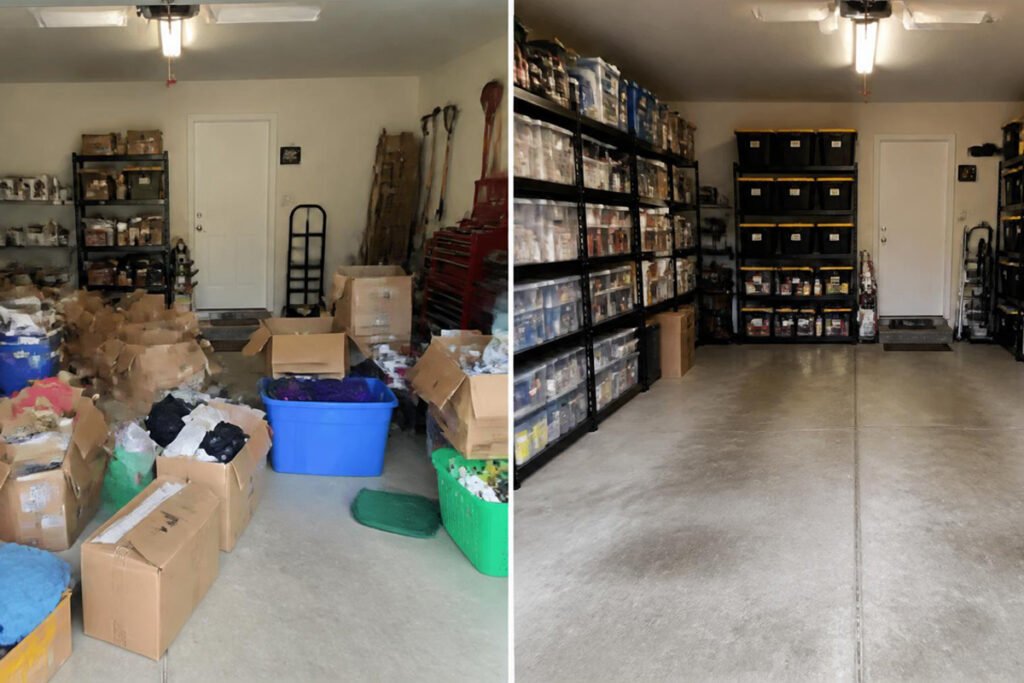 wire shelving unit stackable bins and wall hooks arranged in garage